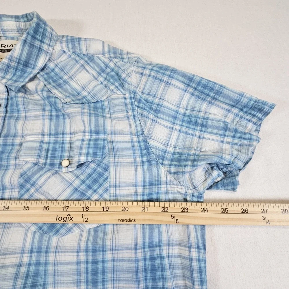 Ariat Men's Halterman Retro Fit Pearl Snap Blue Plaid Short Sleeve Shirt Size XL